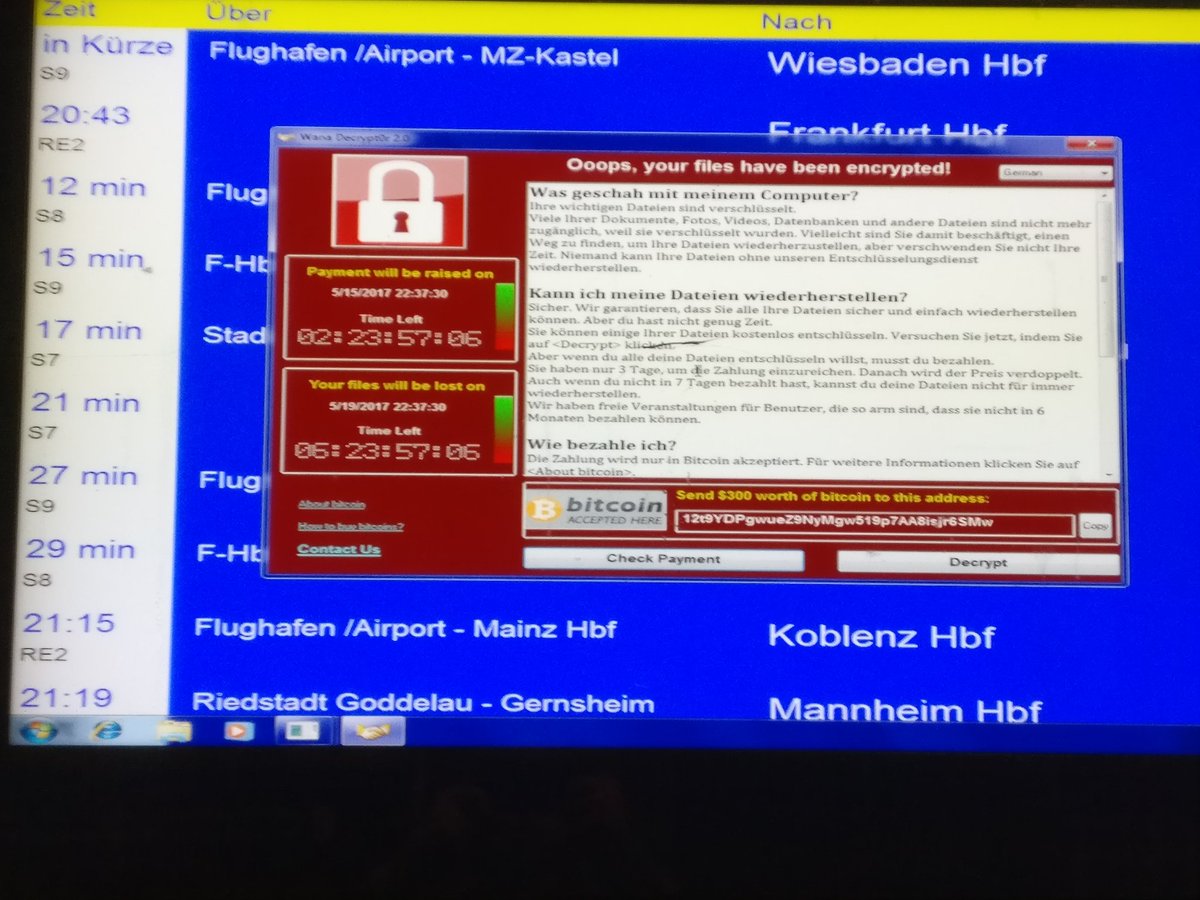 Ransomware virus is now appearing on Deutsche Bahn screens in Frankfurt