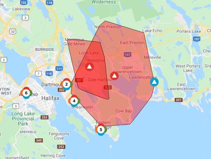 Nova Scotia Power is reporting a large power outage impacting an area from Dartmouth to Eastern Passage to North Preston. More than 20,000 customers are without power.  The utility blaming a transmission interruption and says the lights should be back by 11 a.m