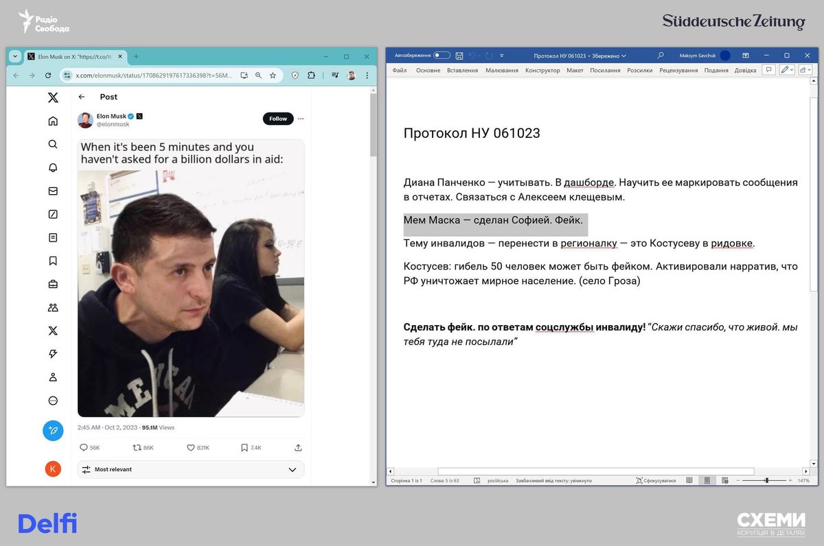 The mem @elonmusk posted apparently was created by someone named Sofiya, who worked for a Russian government agency sanctioned by the US and aimed at spreading propaganda in the West. @cxemu got access to a massive data leak and uncovered some interesting details