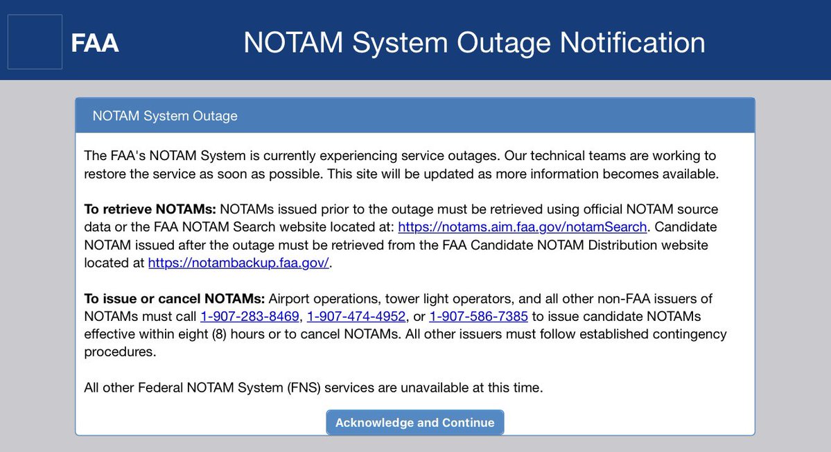يواجه نظام إشعار البعثات الجوية (NOTAM) التابع لإدارة الطيران الفيدرالية (FAA) حاليًا انقطاعًا كبيرًا