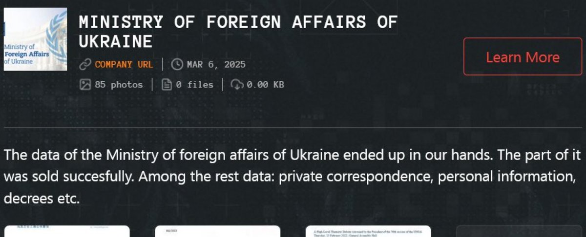 The Qilin ransomware group claims to have breached Ukraine's Ministry of Foreign Affairs, exfiltrating private correspondence, personal information, and official decrees. The group also states that a portion of the stolen data has already been sold