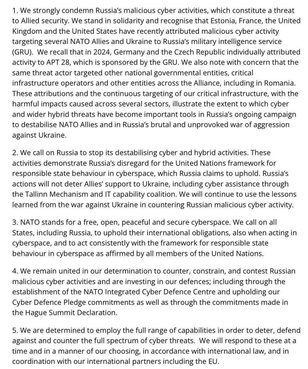 Statement of condemnation by the North Atlantic Council concerning Russia’s malicious cyber activities