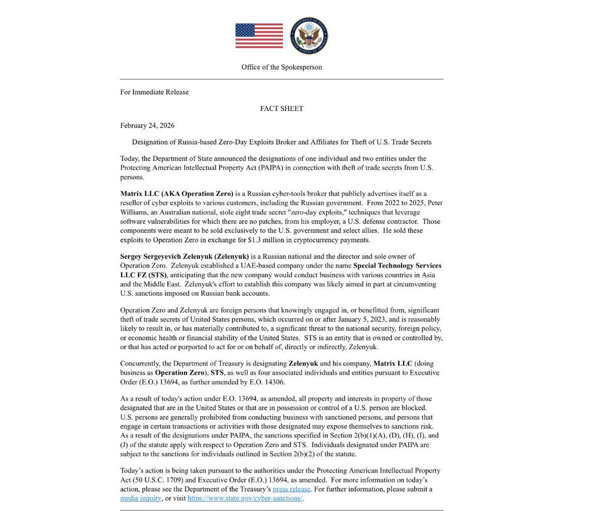 Die USA verhängen Sanktionen gegen einen russischen Zero-Day-Broker wegen Diebstahls von Rüstungsgeheimnissen. Das US-Außenministerium nimmt die „Operation Zero und einen australischen Insider ins Visier, nachdem es zu einem Kryptodiebstahl im Wert von 1,3 Millionen US-Dollar durch Ausnutzung ungepatchter Software-Schwachstellen gekommen war.